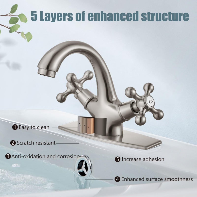 Aolemi Bathroom Sink Faucet Single Hole Cold and Hot Double Handle Cross Knobs Vanity Vessel Sink Basin Mixer Tap with Deck Cover Plate with Pop Up Drain Brushed Nickel - Image 5